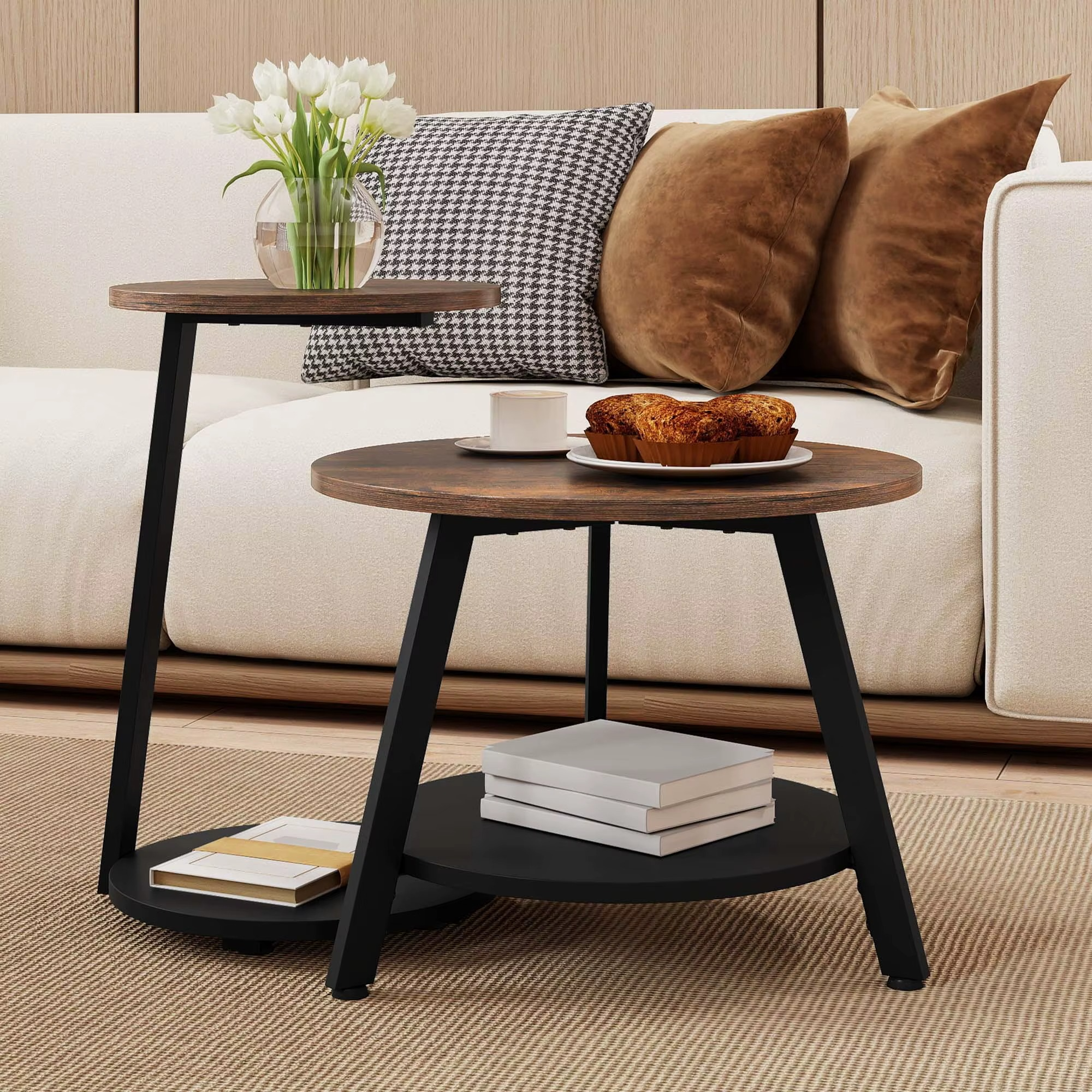 Rustic Brown 2-Piece Nesting Round Coffee Table