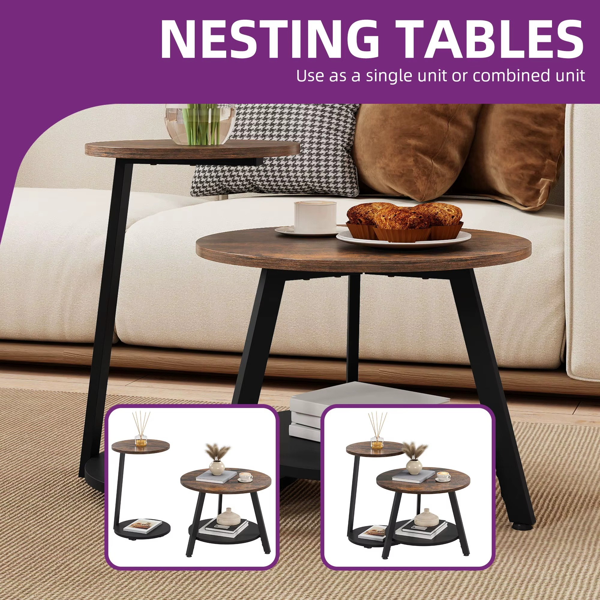Rustic Brown 2-Piece Nesting Round Coffee Table